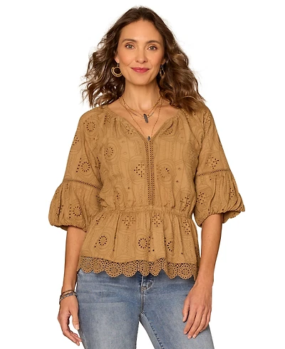 Democracy Petite Bubble-Sleeve Split Neck Top