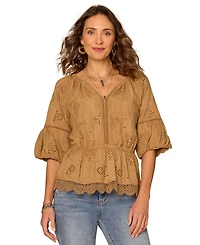 Democracy Petite Bubble-Sleeve Split Neck Top