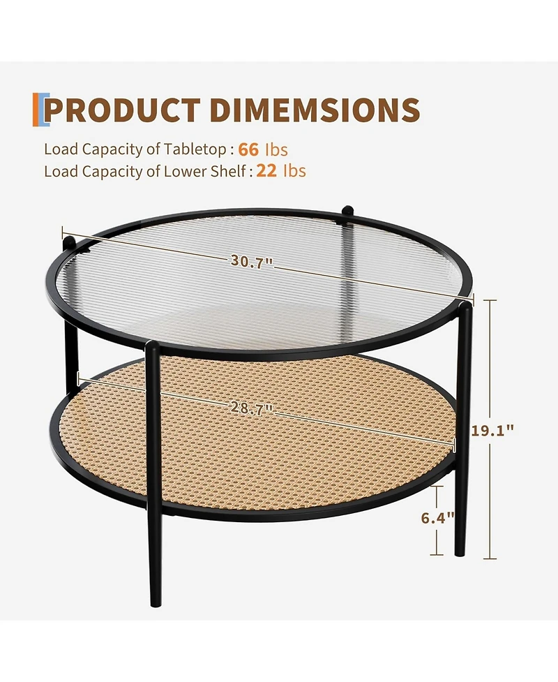 gaomon Round Coffee Table, 2-Tier Tea Table with Rattan Storage Shelf and Metal Frame, Tempered Glass Tabletop, Boho Cocktail Tables