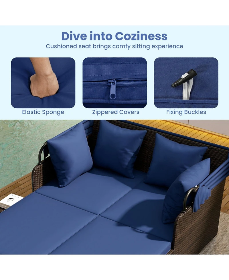 Gouun Outdoor Rattan Daybed with Retractable Canopy and Side Tables