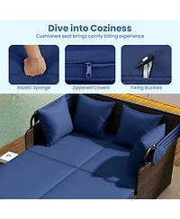 Gouun Outdoor Rattan Daybed with Retractable Canopy and Side Tables