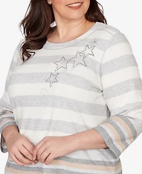 Alfred Dunner Plus Comfort & Joy Star Stripe Embellished Crewneck Top