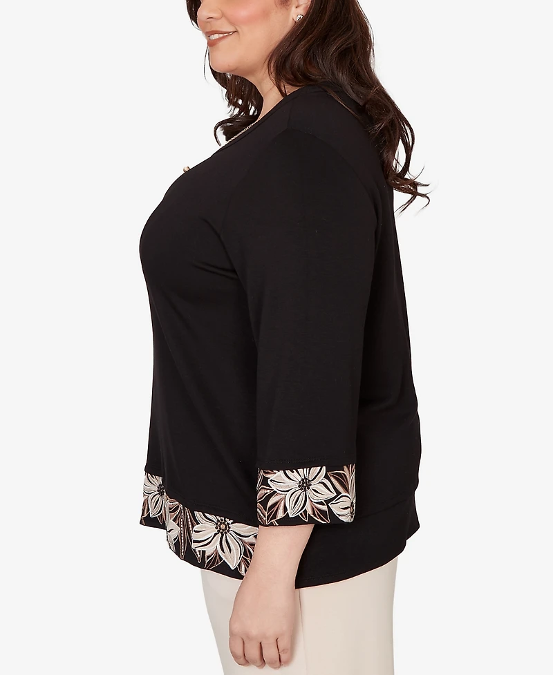 Alfred Dunner Plus Size Seville Bold Floral Border Trim Top with Necklace
