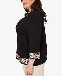 Alfred Dunner Plus Size Seville Bold Floral Border Trim Top with Necklace