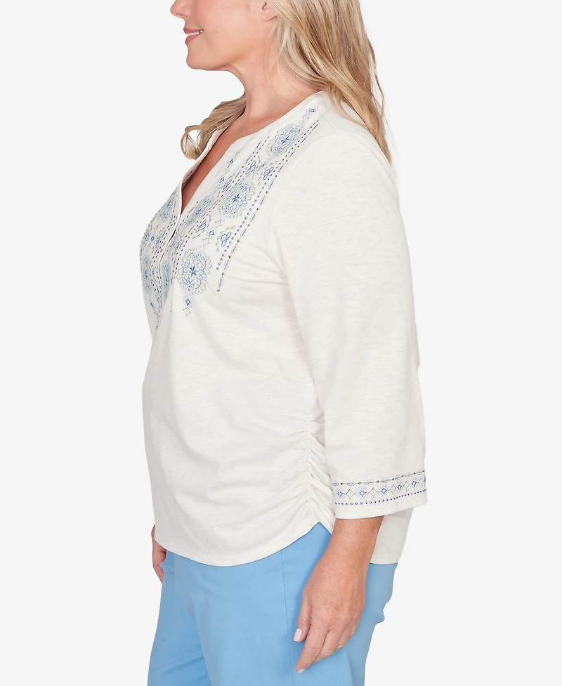 Alfred Dunner Plus St. Augustine Medallion Embroidered Ruched Henley Top