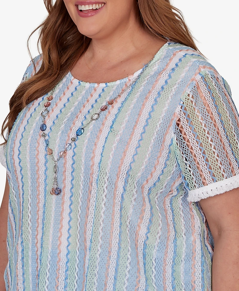 Alfred Dunner Plus Caribbean Blues Textured Stripe T-Shirt with Necklace