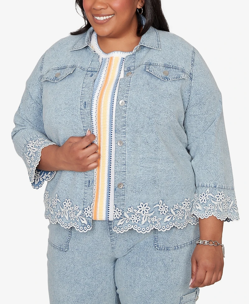 Alfred Dunner Plus Out of the Blue Floral Embroidered Scallop Trim Jacket
