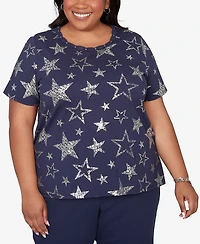 Alfred Dunner Plus Lady Liberty Sparkling Foil Stars Crewneck T-Shirt