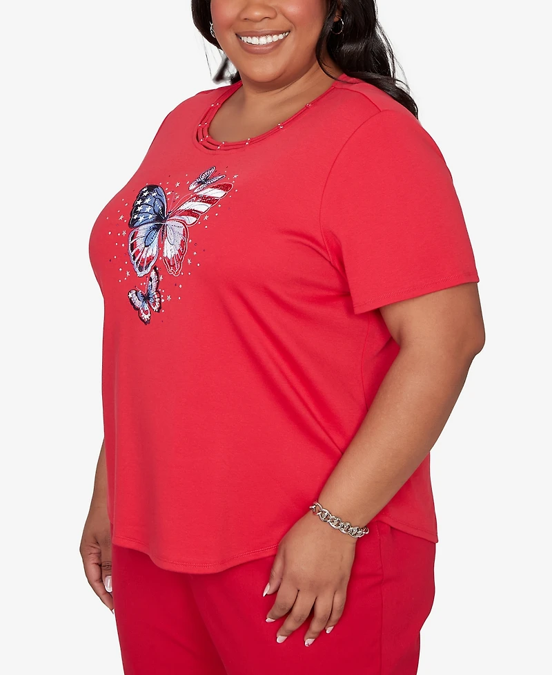 Alfred Dunner Plus Lady Liberty Sparkling Americana Butterfly Crewneck T-shirt