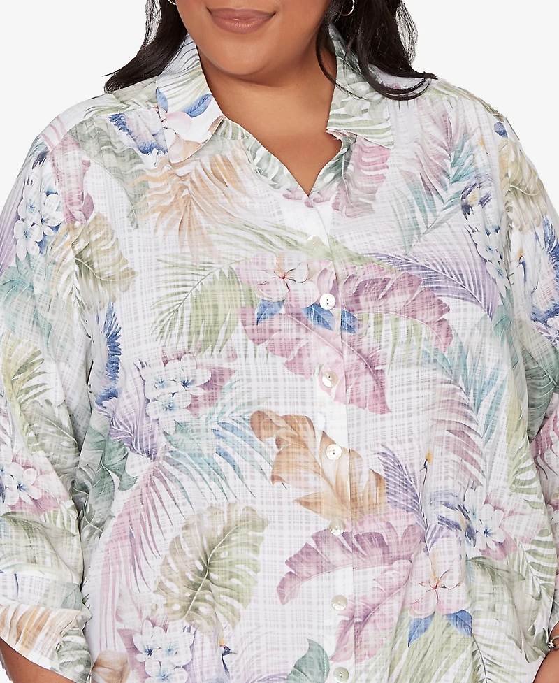 Alfred Dunner Plus Vintage Charm Tropical Button-Front Tie Sleeve Top