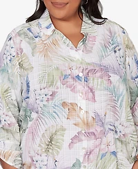 Alfred Dunner Plus Vintage Charm Tropical Button-Front Tie Sleeve Top