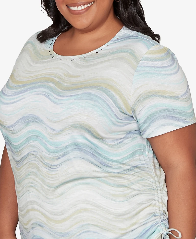 Alfred Dunner Plus Vintage Charm Wavy Biadere Side Tie Ruched T-Shirt