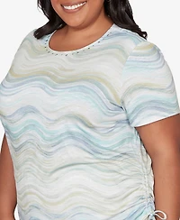 Alfred Dunner Plus Vintage Charm Wavy Biadere Side Tie Ruched T-Shirt