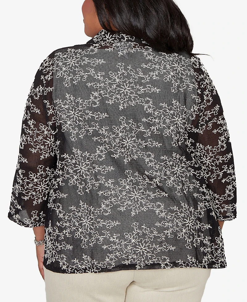 Alfred Dunner Plus Detail Driven Two One Mesh Soutache Top with Necklace