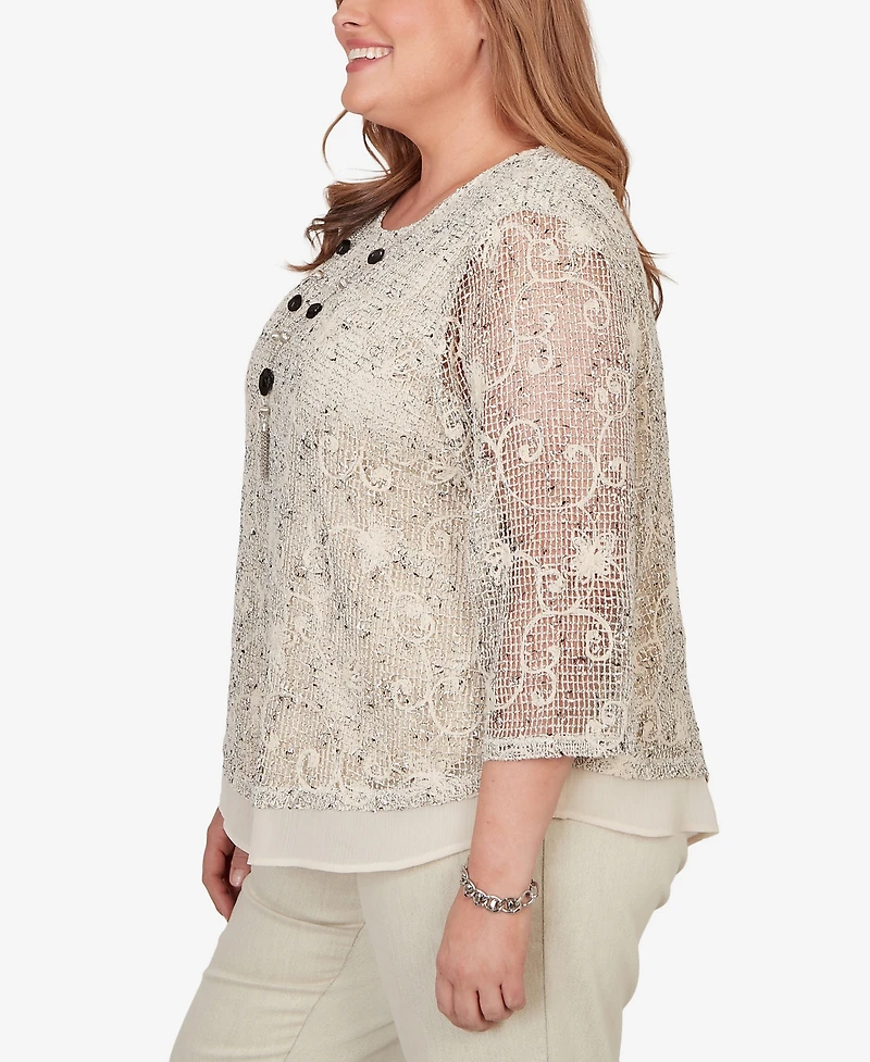 Alfred Dunner Plus Detail Driven Popcorn Mesh Pointed Hem Top with Necklace