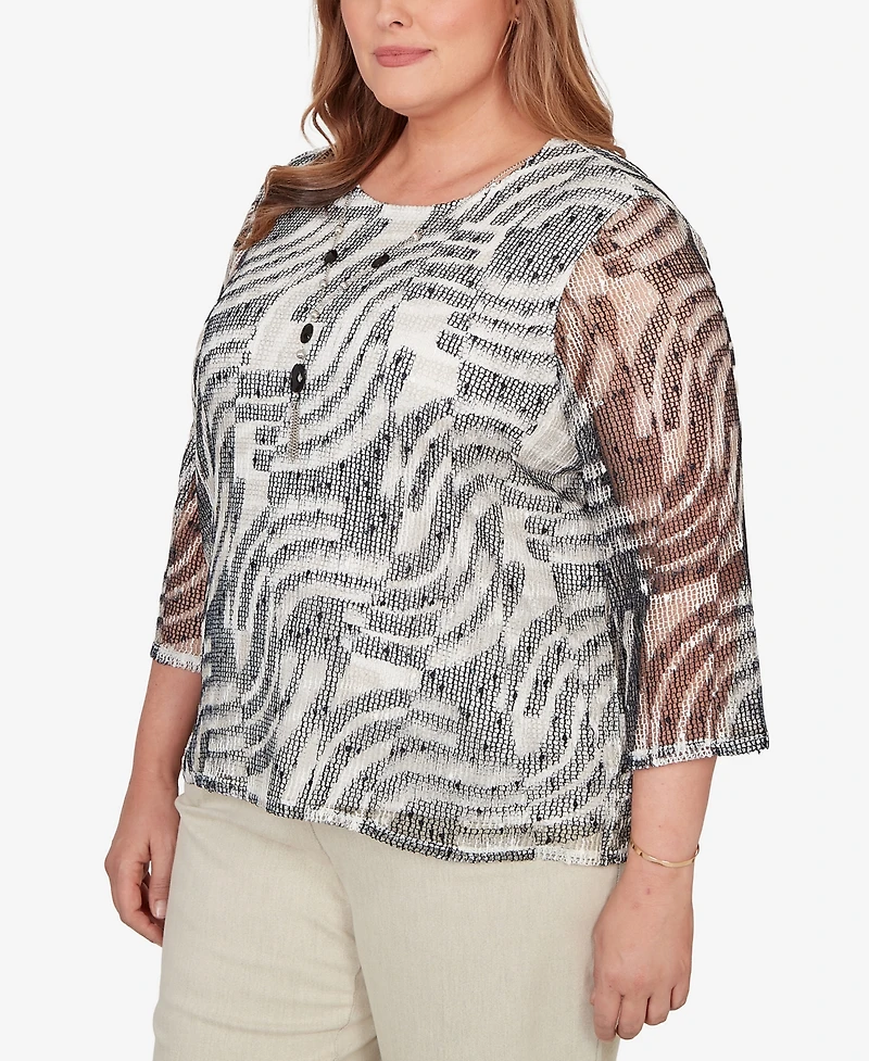 Alfred Dunner Plus Detail Driven Animal Popcorn Embellished Top with Necklace