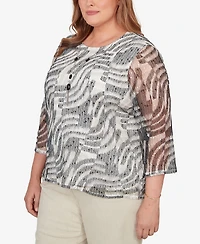 Alfred Dunner Plus Detail Driven Animal Popcorn Embellished Top with Necklace
