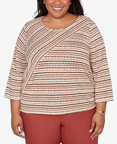 Alfred Dunner Plus Spice Market Spliced Textured Stripe Ruched Tie Top