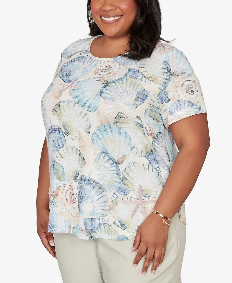 Alfred Dunner Plus Vintage Charm Seashells Embellished Solid T-Shirt