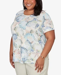 Alfred Dunner Plus Vintage Charm Seashells Embellished Solid T-Shirt