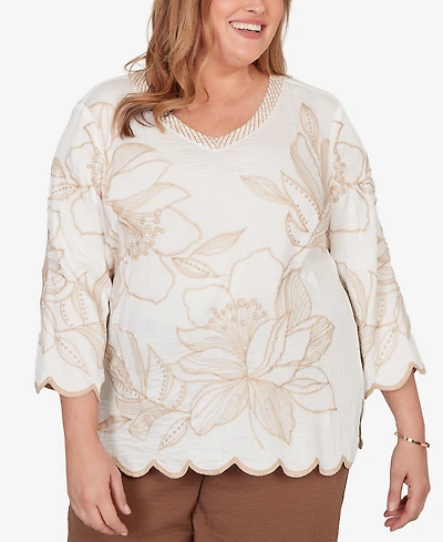 Alfred Dunner Plus Spice Market Embroidered Floral V-Neck Textured Top