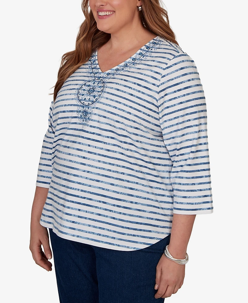 Alfred Dunner Plus Classic Medallion Embroidered Stripe V-Neck Top