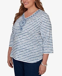 Alfred Dunner Plus Classic Medallion Embroidered Stripe V-Neck Top