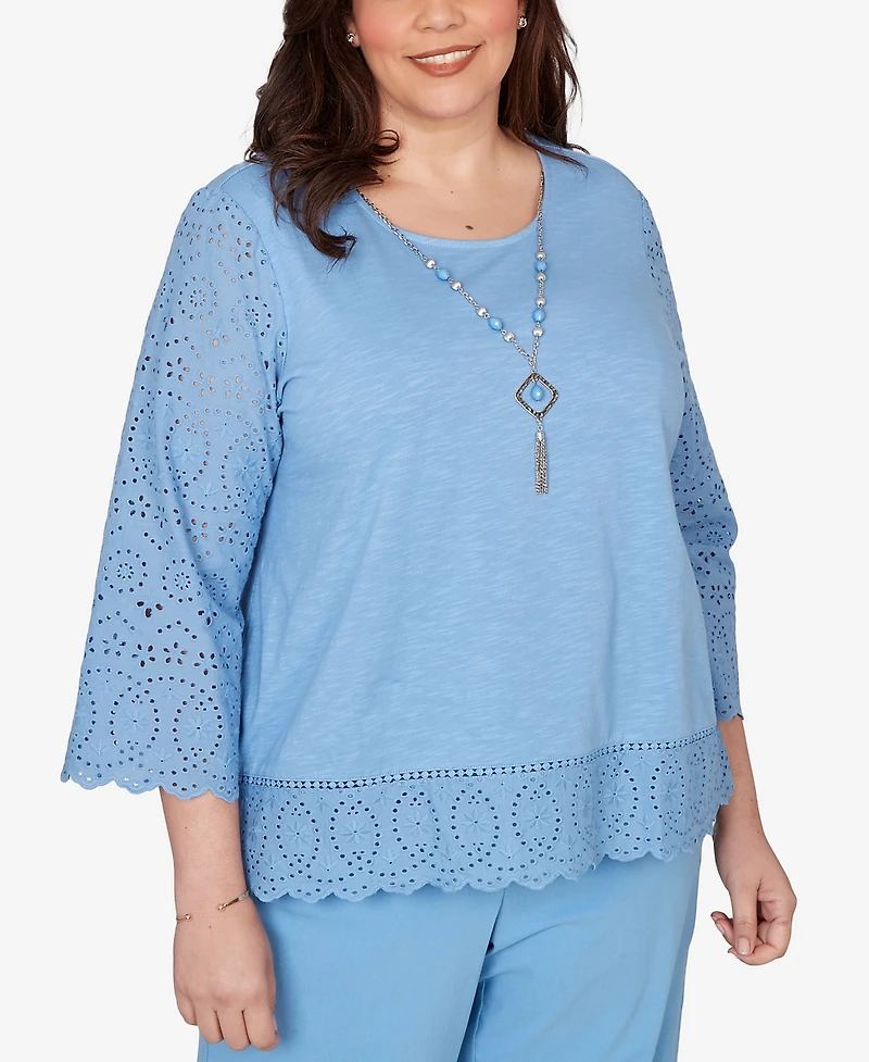 Alfred Dunner Plus St. Augustine Solid Eyelet Trim Top with Necklace
