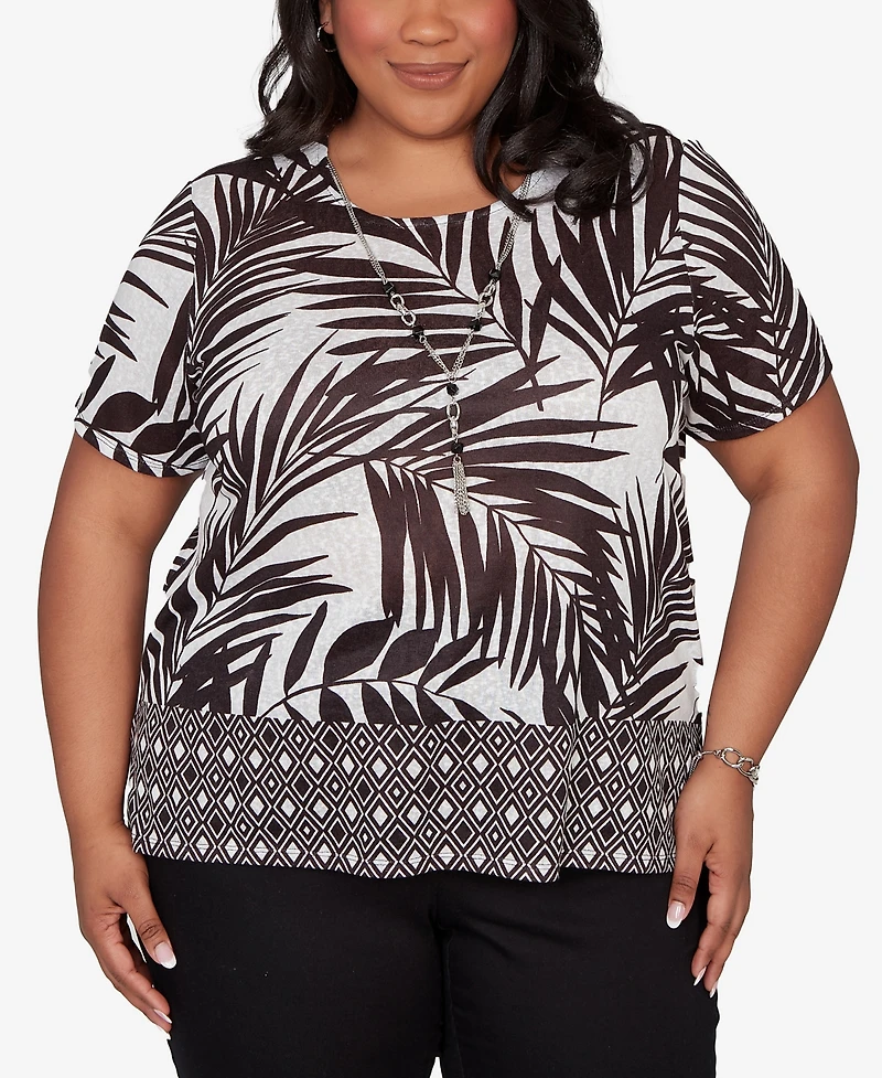 Alfred Dunner Plus Detail Driven Tropical Diamond Border T-Shirt with Necklace