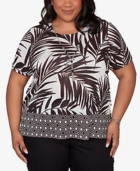 Alfred Dunner Plus Detail Driven Tropical Diamond Border T-Shirt with Necklace
