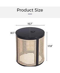 Rainsken Round Solid Wood Nightstand, Hollow Woven Bedside Table, Compact Accent End Table for Living Room, Bedroom, Home Office