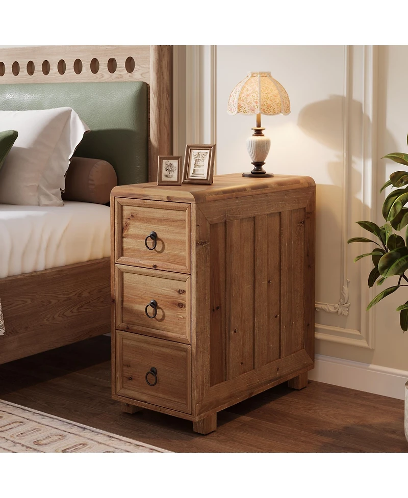 Tribesigns Solid Wood End Table with 3 Drawers, Narrow Sofa Side Table Nightstand Storage Cabinet for Living Room Bedroom Office