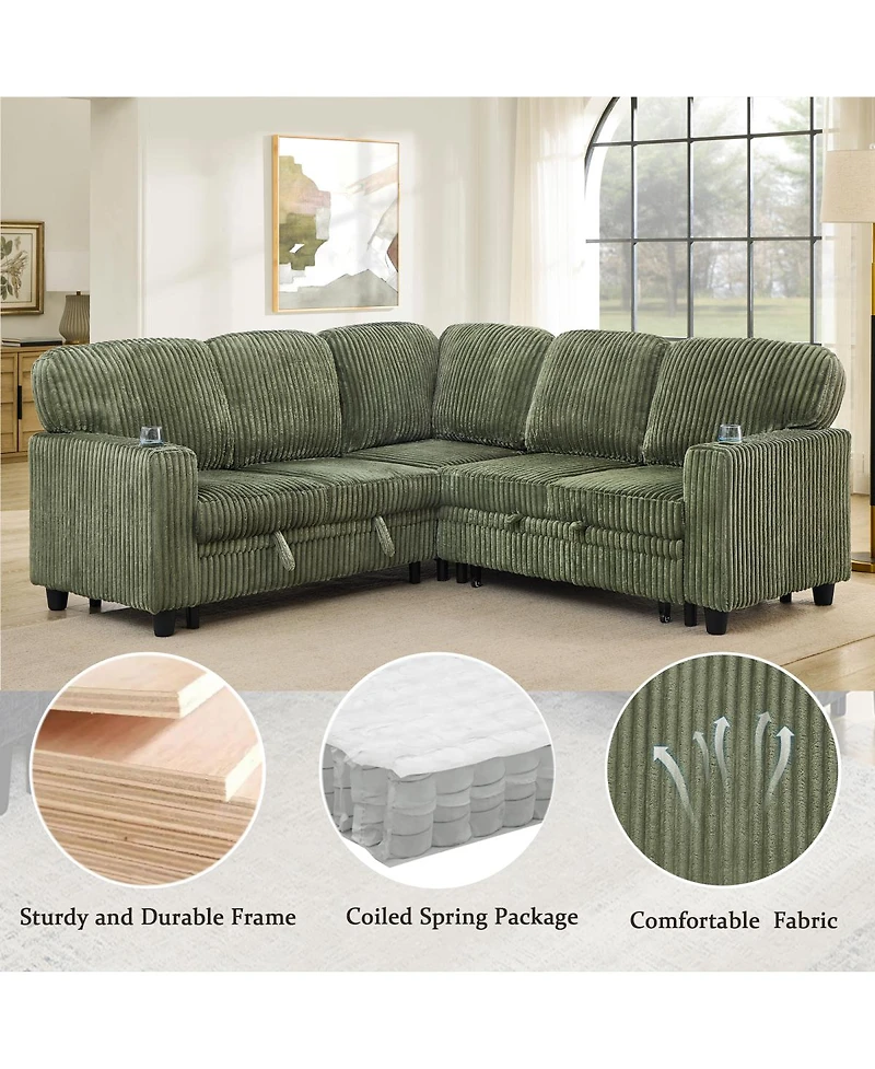 Streamdale Furniture L-Shaped Sectional Sofa Bed with Pull-Out Bed & Storage, Usb Charging