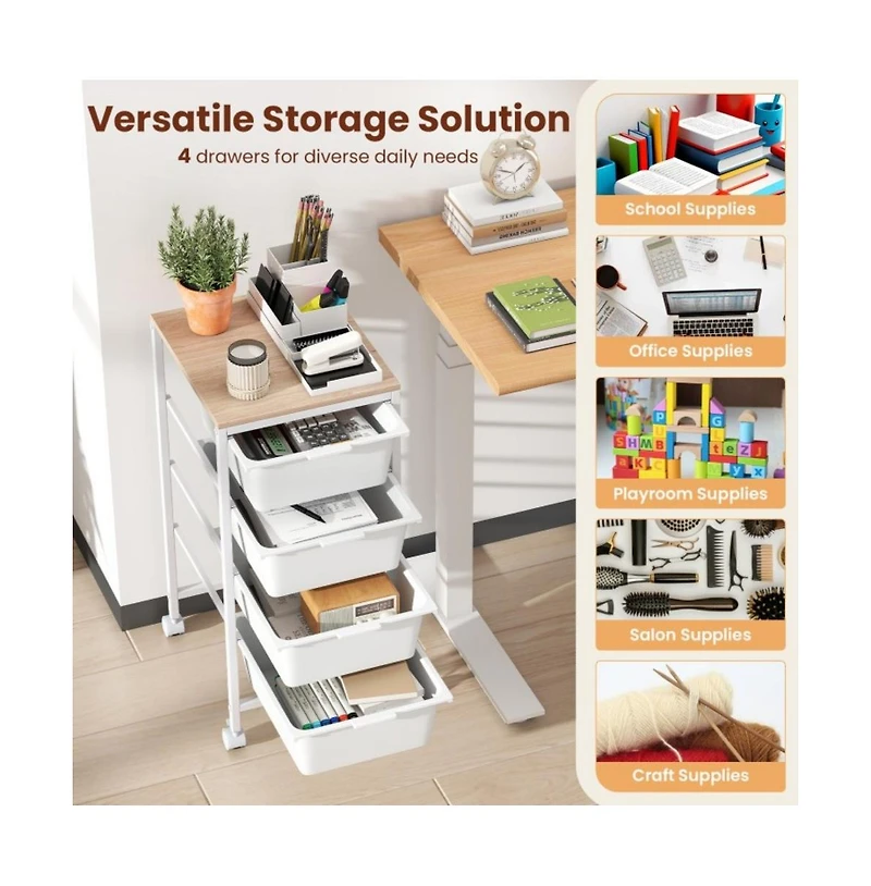 Gouun 4-Drawer Rolling Storage Cart with Wooden Tabletop