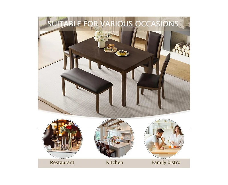 sumyeg 6-Piece Dark Walnut Farmhouse Dining Set with Wood Table Bench and Chairs