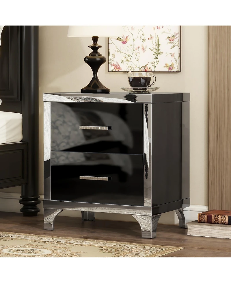 sumyeg High Gloss Mirrored Nightstand with 2 Drawers and Metal Handle