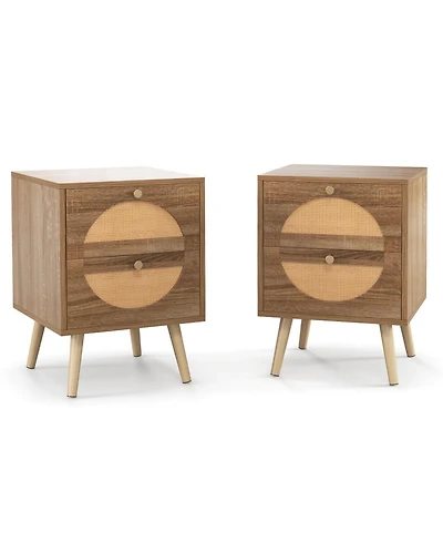 sumyeg Set of 2 Rattan Nightstand with 2 Drawers and Solid Wood Legs