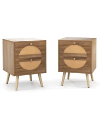 sumyeg Set of 2 Rattan Nightstand with 2 Drawers and Solid Wood Legs