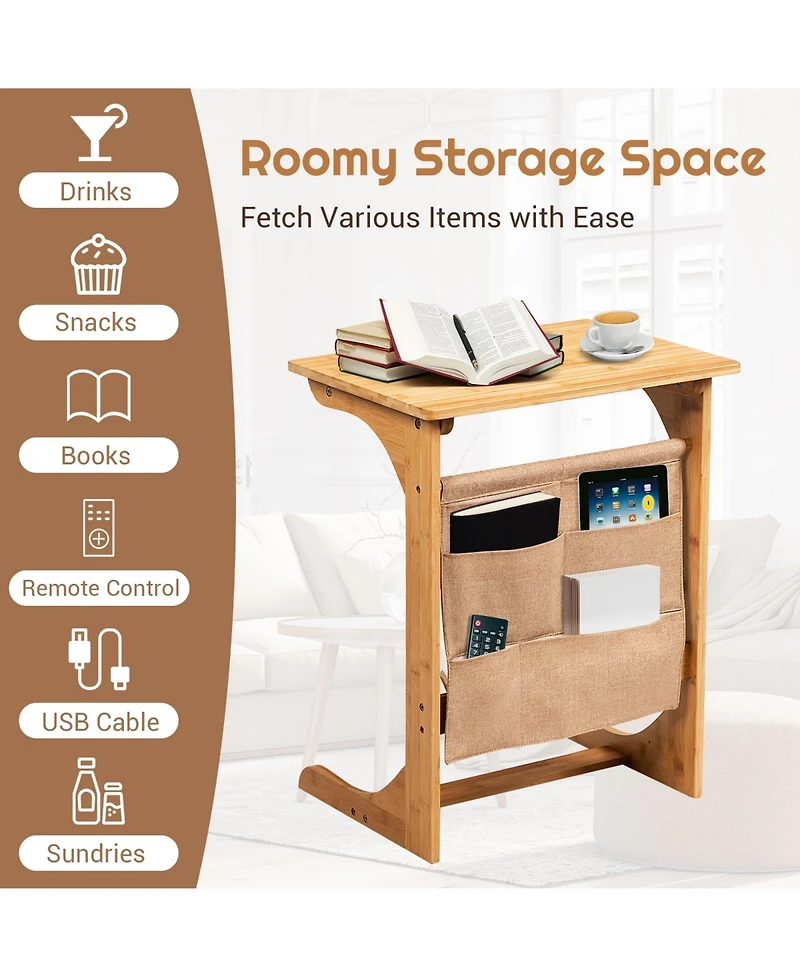 sumyeg Bamboo Sofa Table End Table Bedside Table with Storage Bag
