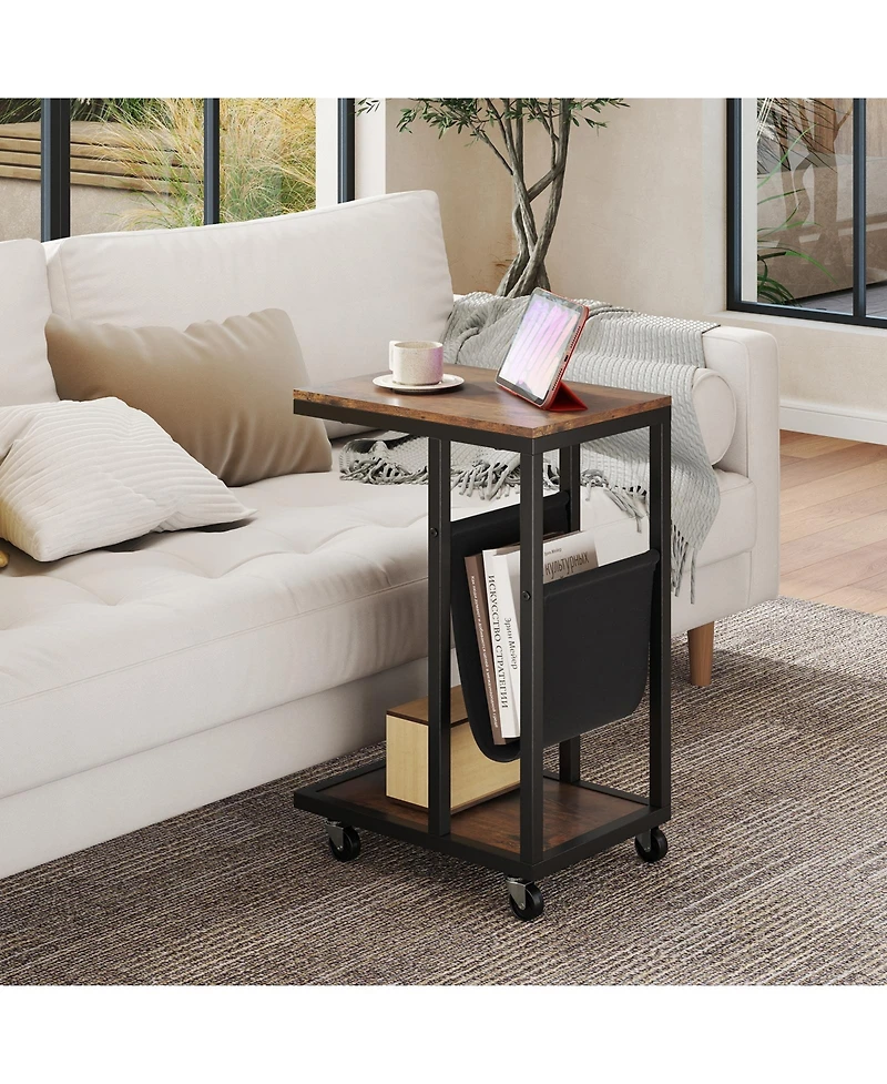 sumyeg C-shaped Side Table with Canvas Storage Pouch and Metal Frame