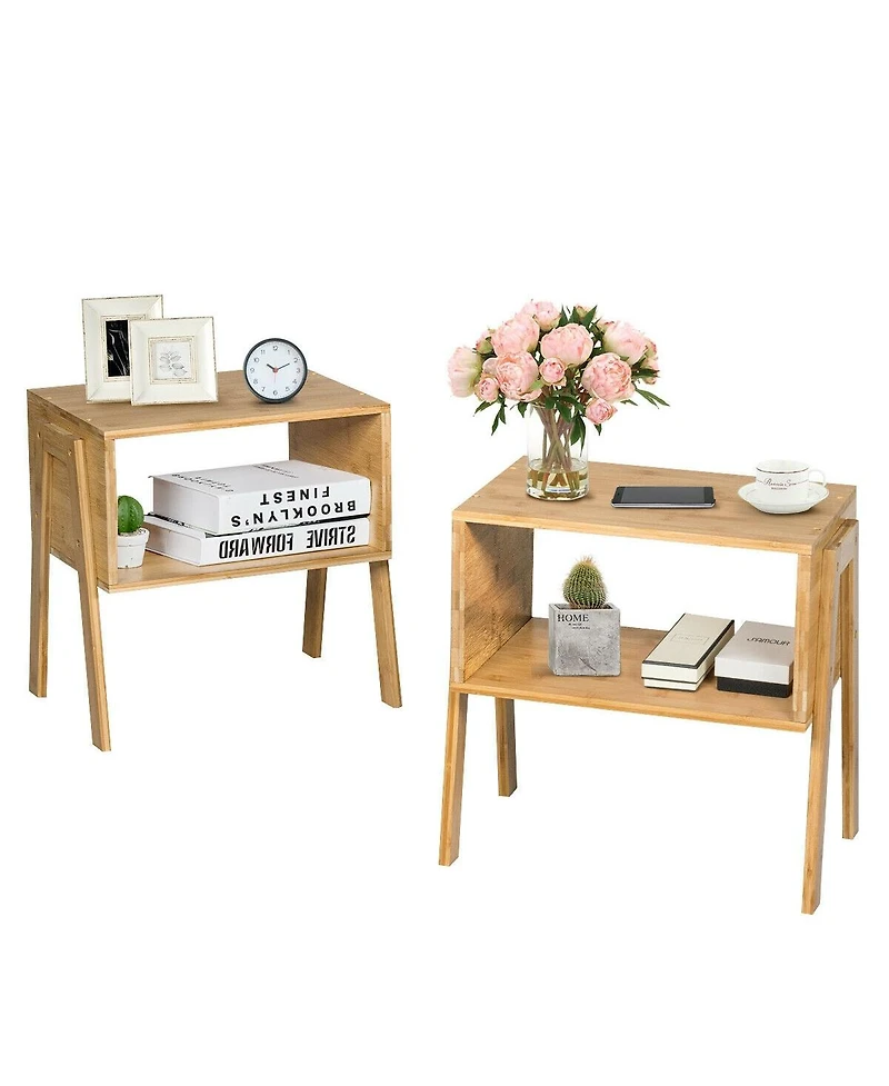 sumyeg 2 Pieces Bamboo Nightstand Sofa Table with Storage Shelf