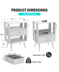 sumyeg Modern Nightstand Set of 2 with Charging Station, Led Light and Fabric Drawers