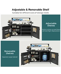 sumyeg 53.3inch Outdoor Kitchen Island with Raised Shelf, Solid Wood Storage Cabinet, Rolling Grill Cart Rack, Adjustable Shelf and Spice Rack
