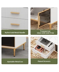 homfan Modern Faux Marble Coffee Table with Storage, 4 Drawers, 2 Glass Doors, Fluted Design, Adjustable Legs