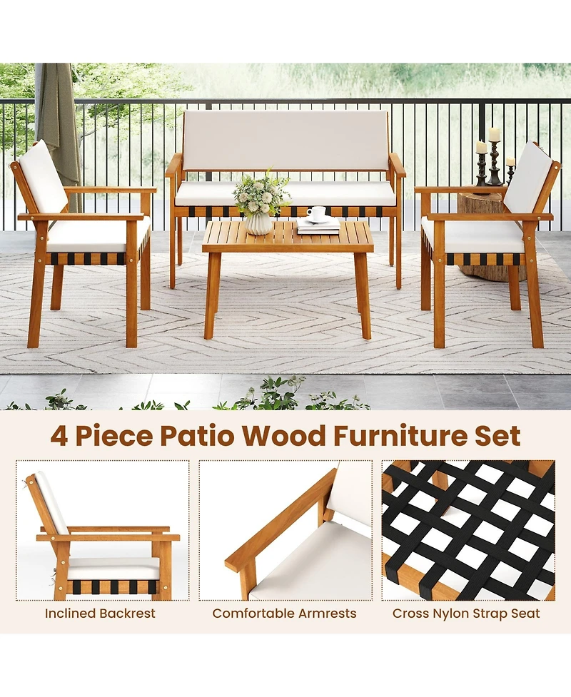 Gymax Set of Wood Furniture Set w/Coffee Table Seat Back Cushions for Backyard Porch