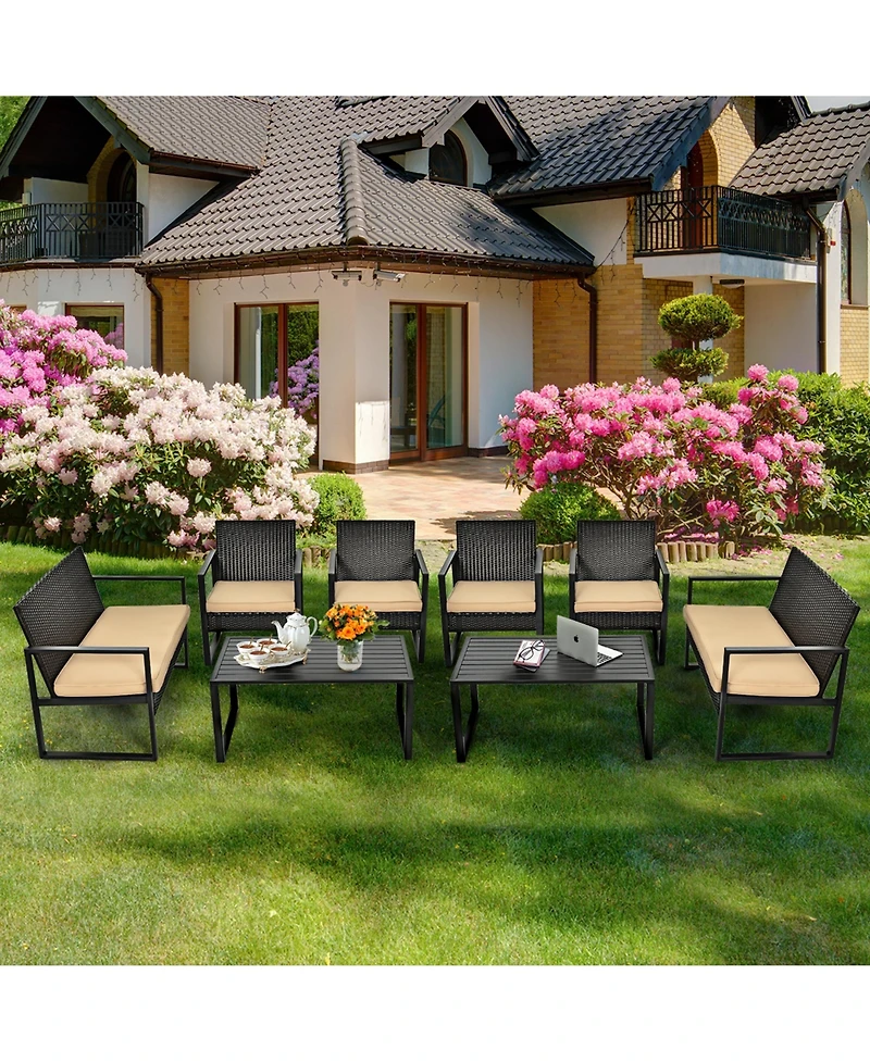 Gymax 8PCS Outdoor Wicker Rattan Furniture Set Patio Conversation Set w/ Cushions