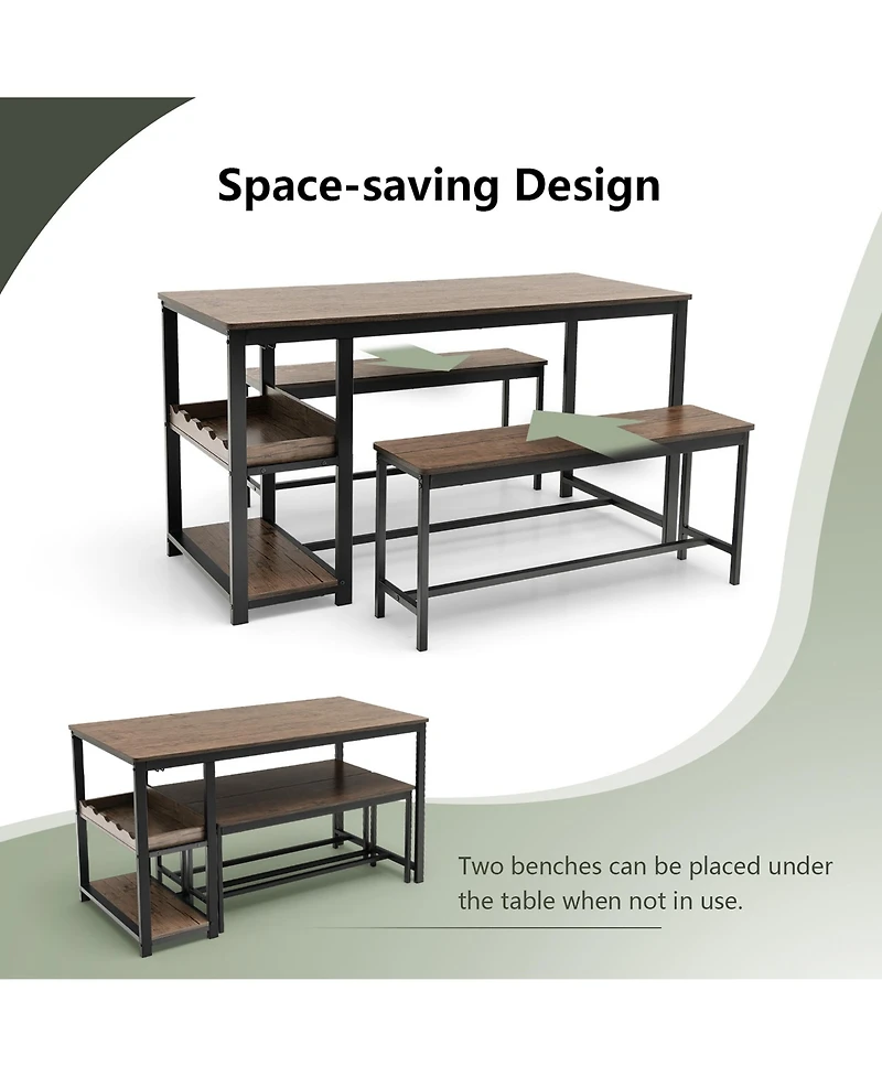 Gymax 3PCS Rustic Kitchen Dining Set Includes Storage Rack w/ Rectangular Table and 2 Benches