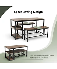 Gymax 3PCS Rustic Kitchen Dining Set Includes Storage Rack w/ Rectangular Table and 2 Benches