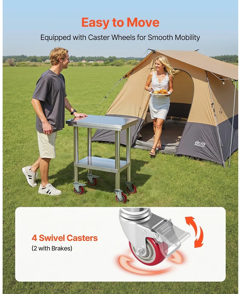Gouun Stainless Steel Prep Table on Wheels with Adjustable Undershelf, 24 x 18 x 34 in