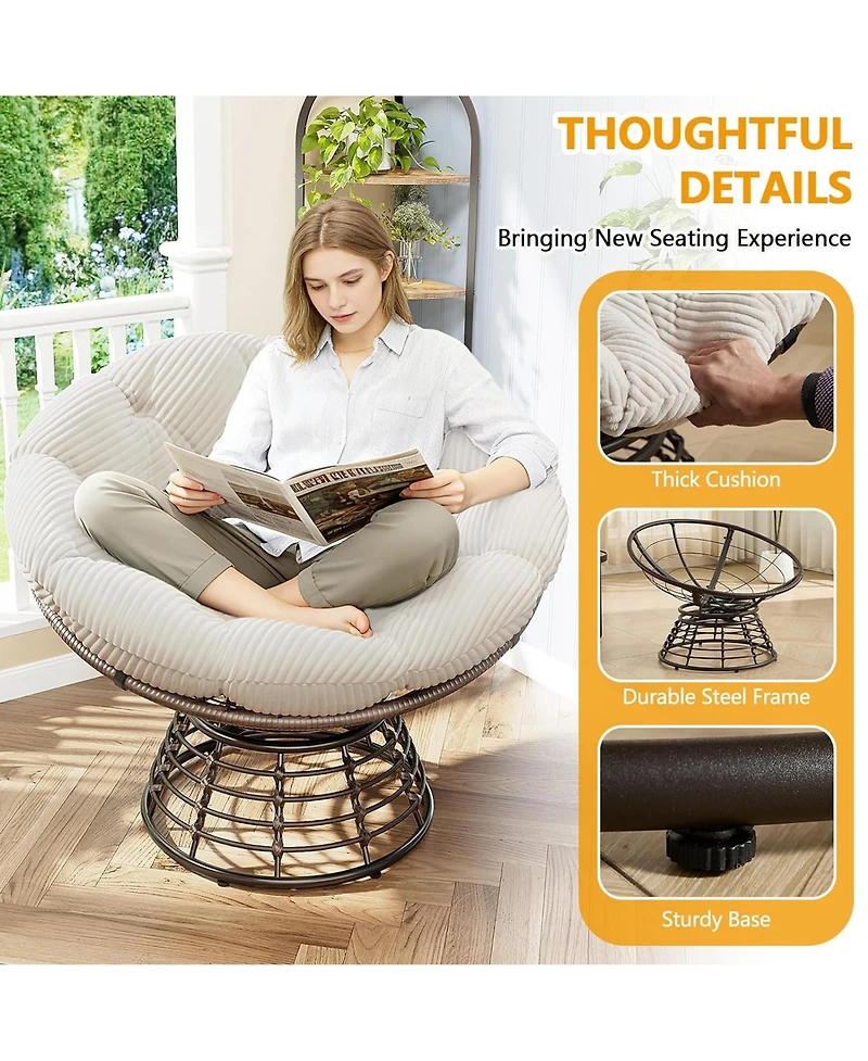 Rainsken 360degree(s) Rotatable Rattan Papasan Chair, Wicker Accent Lounge Seat with Soft Padded Cushion, Balcony, Living Room